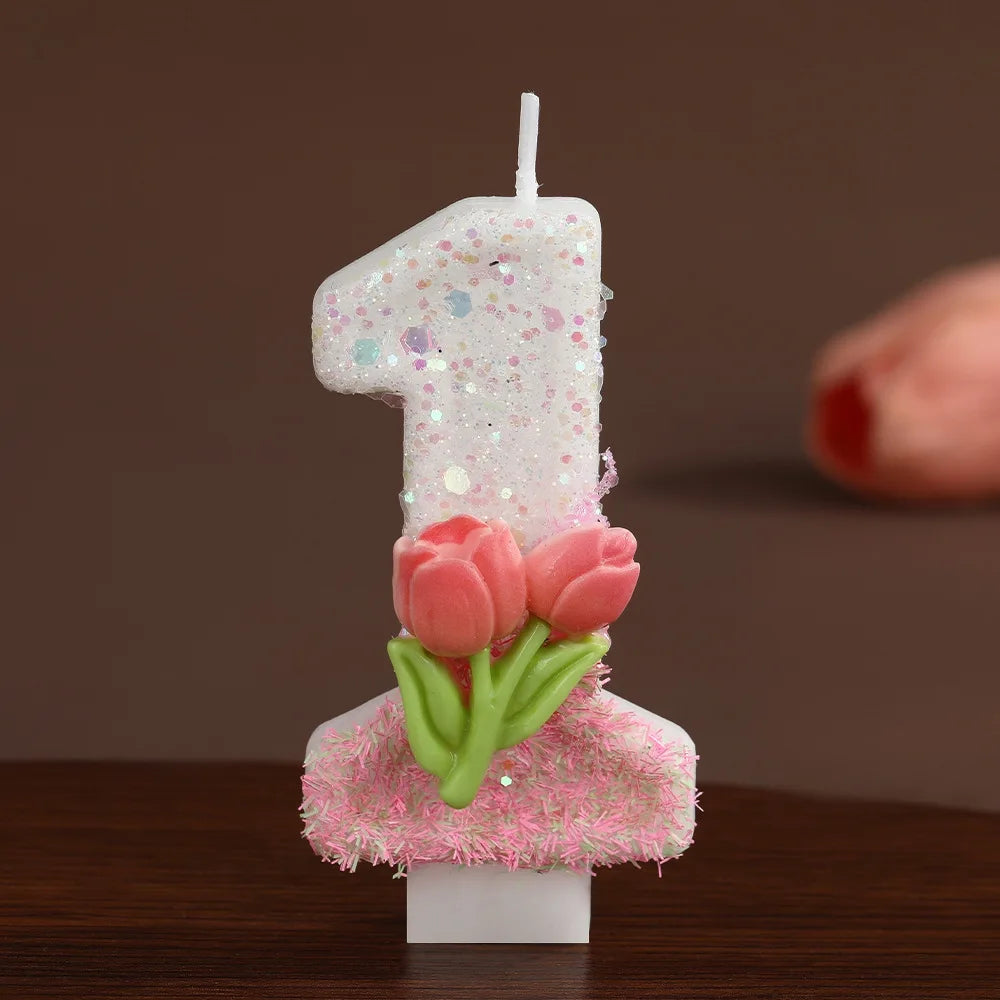 bougies forme chiffres blanc rose vert paillettes fleurs roses feuilles vertes festive tringle boîte
