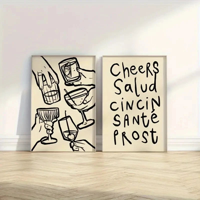 affiches murales modernes cheers salud cincin santé boissons verres beige clair noir minimaliste