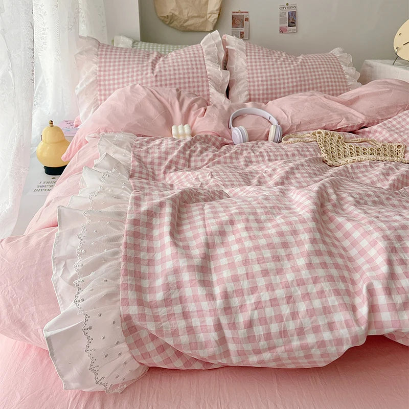 ensemble literie rose carreaux romantique 100 polyester pièces lit double queen king