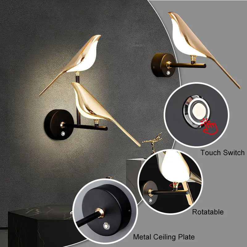 lampe murale oiseau or blanc contemporaine minimaliste touch switch plaquette métal