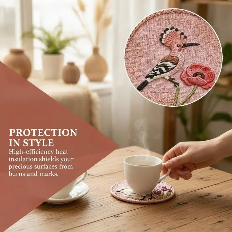 tapis protection tasses rose marron oiseaux fleurs brodés traditionnel artisanal coton polyester