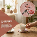 tapis protection tasses rose marron oiseaux fleurs brodés traditionnel artisanal coton polyester