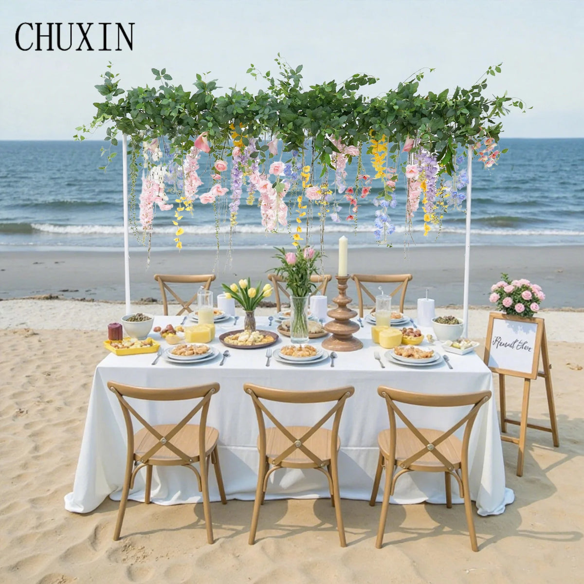 arche florale mariage décoration champêtre fleurs artificielles multicolores feuillage tissus vertes blancs