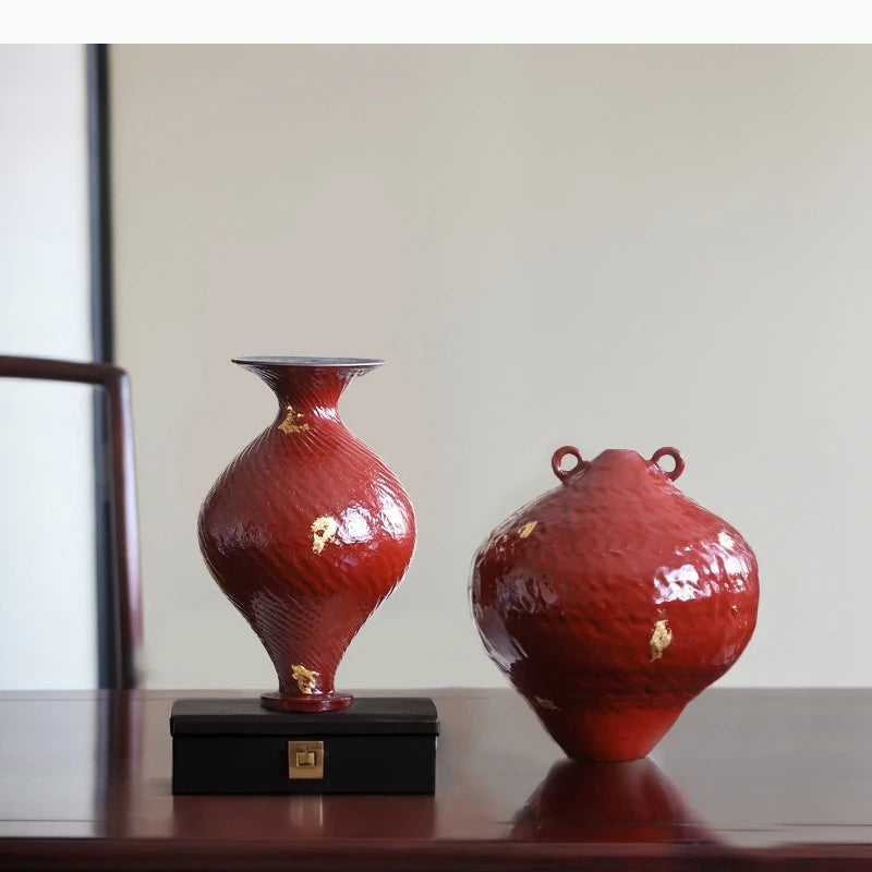 vases décoratifs modernes rouge doré texture ondulée feuille or hydroponique fleurs séchées