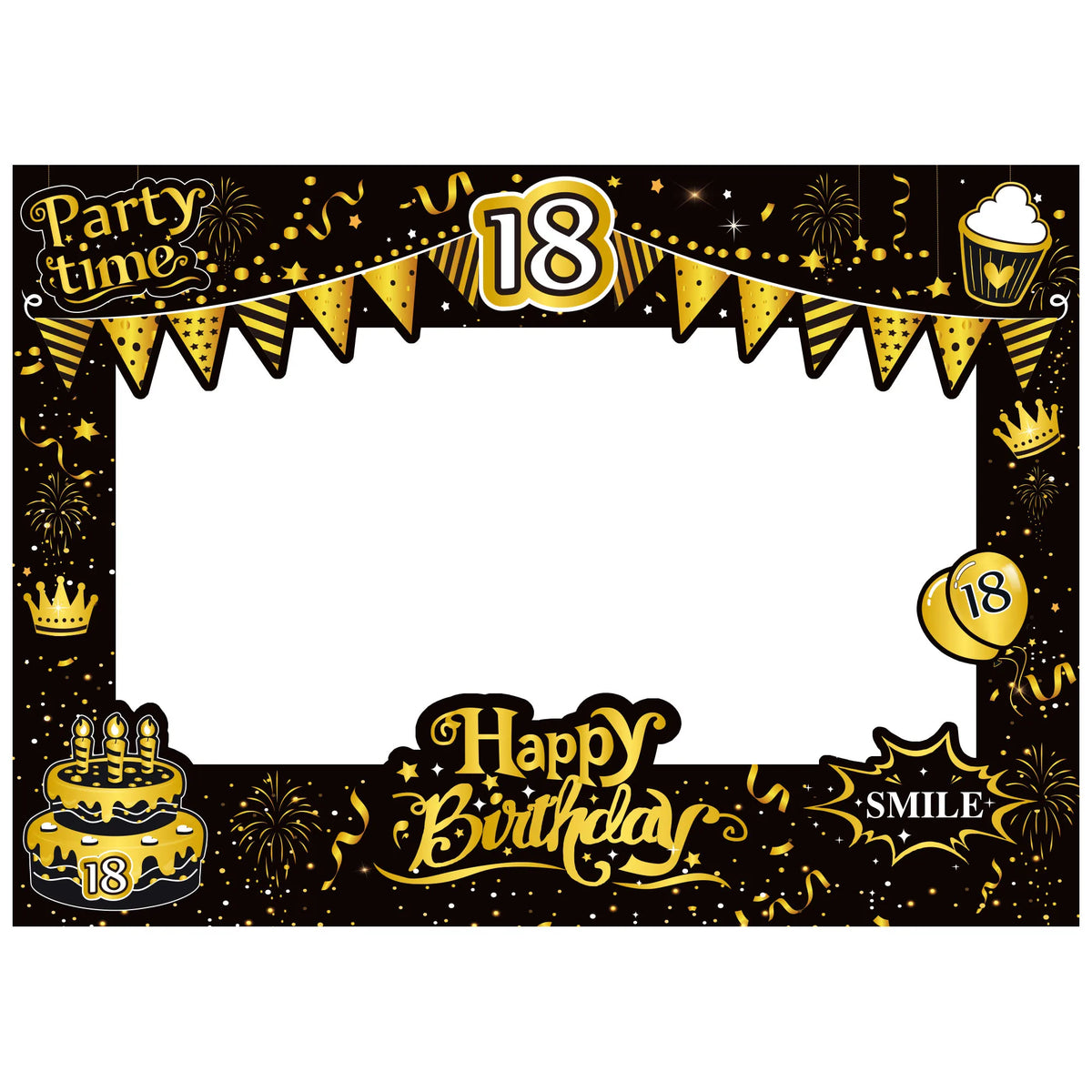 cadre photo noir doré guirlandes happy birthday party time smile festive