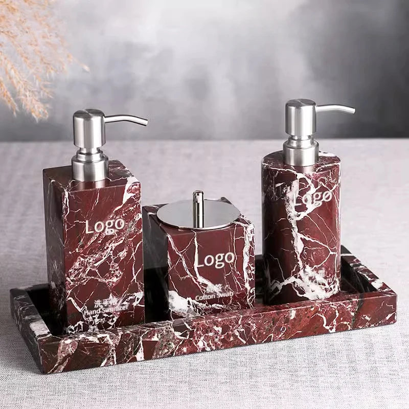 ensemble accessoires salle bain marbre violet plateau distributeur savon pot pinceau diffuseur huiles