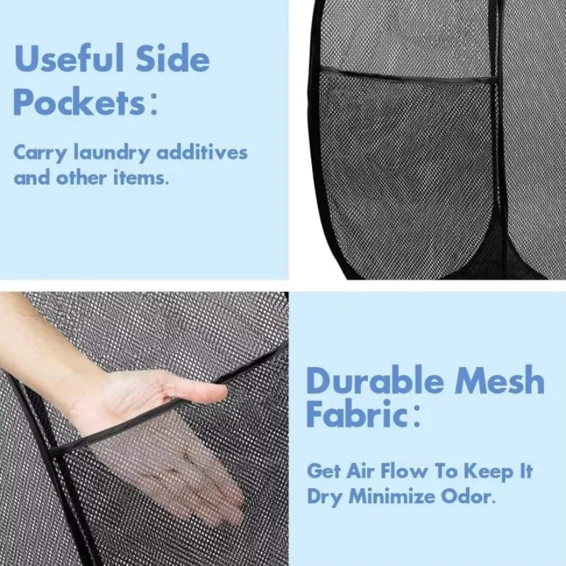 panier linge pliable polyester maille noir moderne poignées renforcées poches