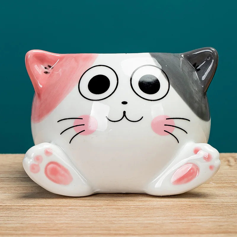 cache pot forme chat cartoon miniature deco plante verte blanc rose orange