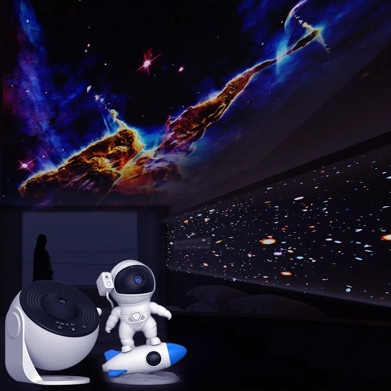 projecteur étoiles univers blanc bleu noir figurines astronautes fusées moderne technologique sans fixation