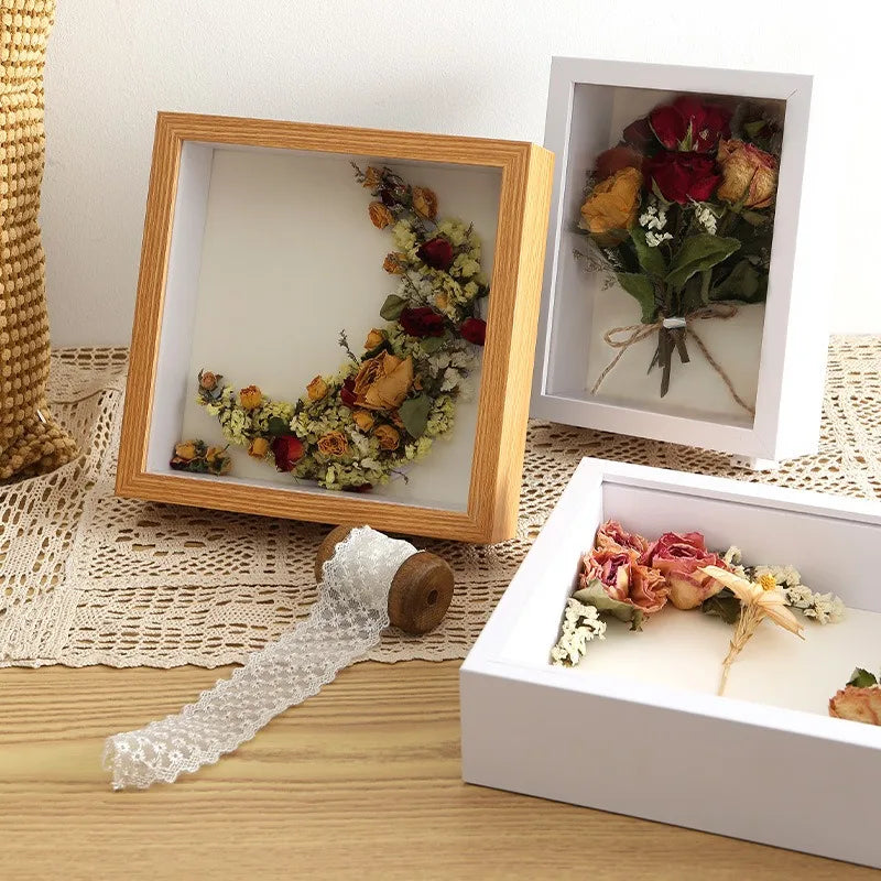 Cadre photo 3D bois blanc avec plante séchée