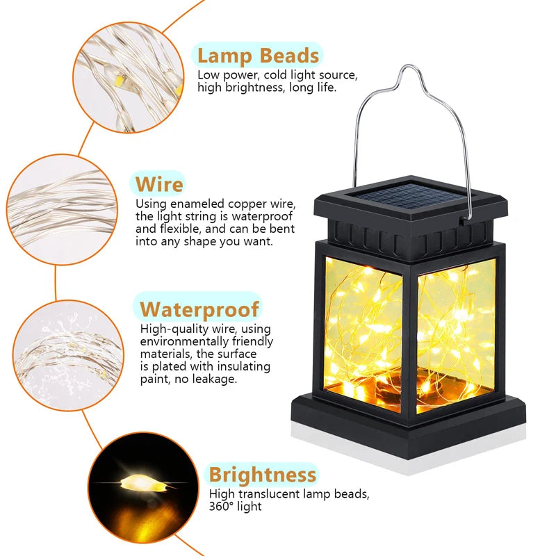 lanterne solaire suspendue métallique verre transparent vintage filigrane led noir jaune rustic