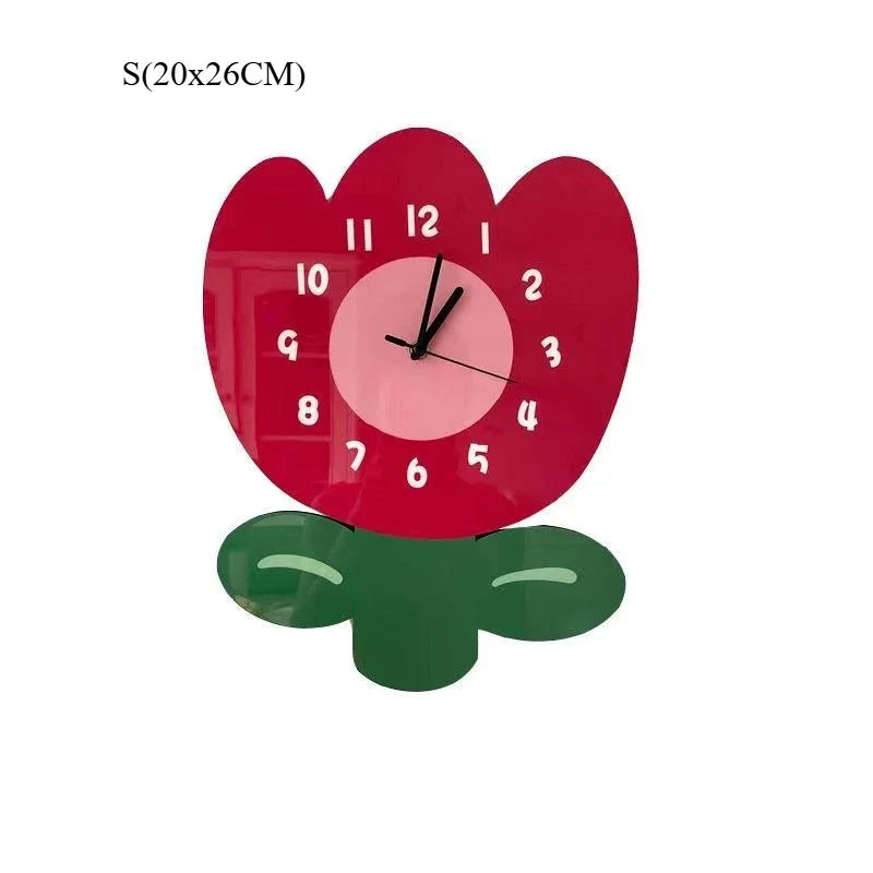 horloge murale quartz aiguille acrylique motif floral rouge rose salon moderne
