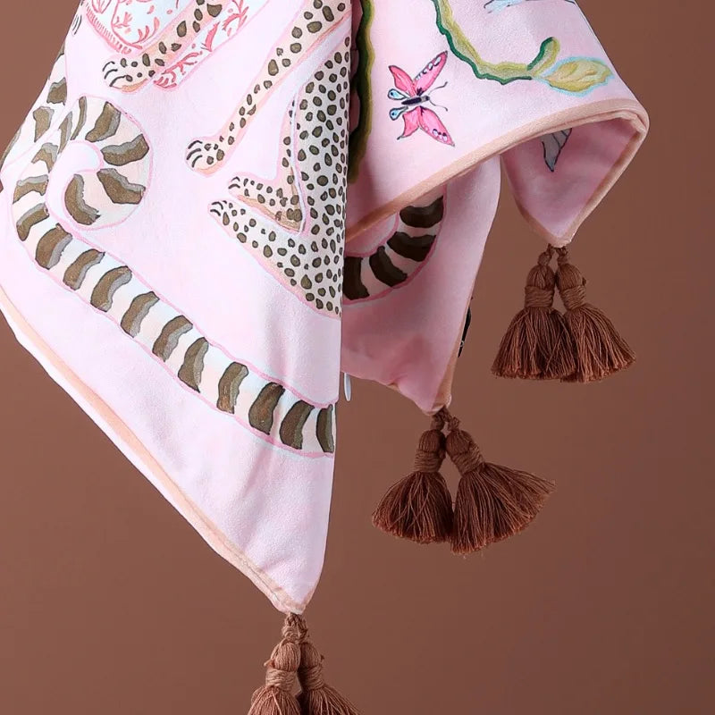 coussin carré moderne léopard oiseaux rose adhésif tassel salon décoration maison 45cm 50cm 60cm