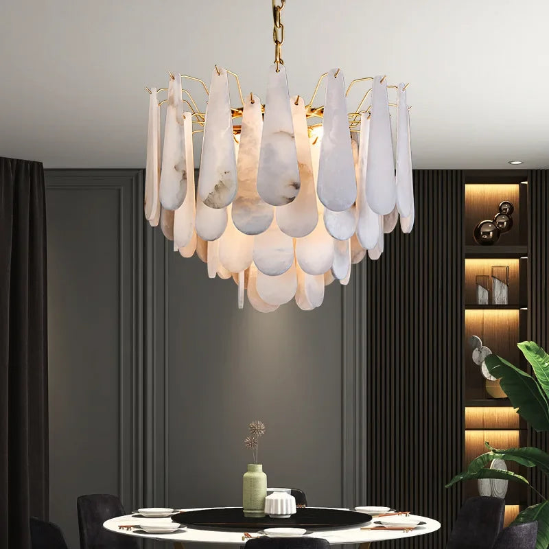 lustre suspension moderne marbre blanc doré luxe salon salle manger chambre élégant