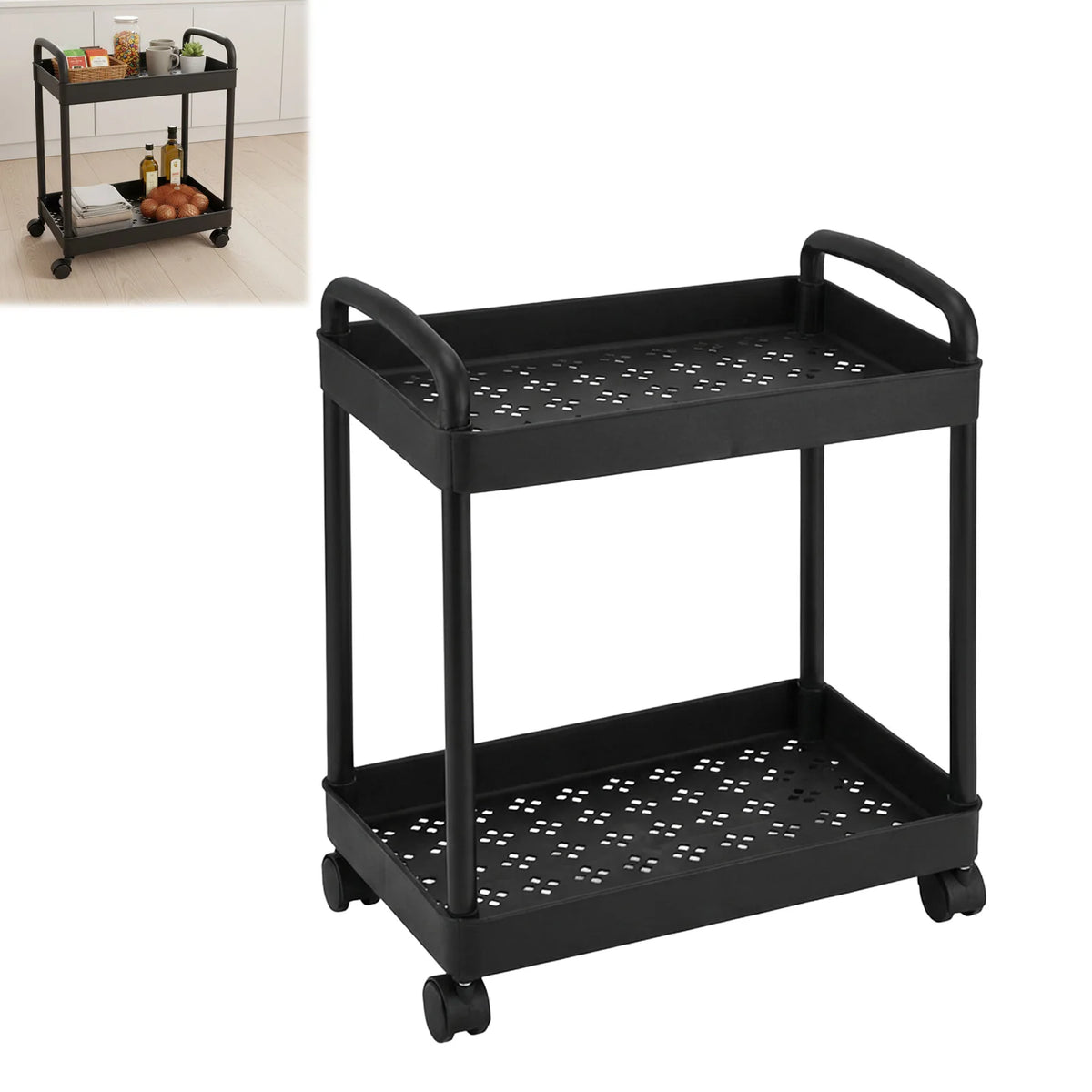 chariot rangement double niveau roulettes noir perforations moderne salon cuisine organisation gọn gàng
