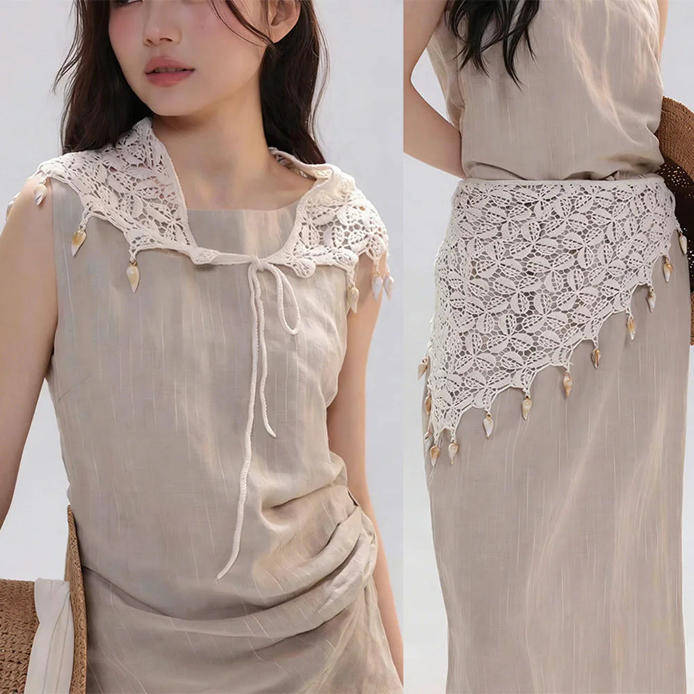 foulard boho chic blanc motifs floraux adhésif asymétrique polyester coton