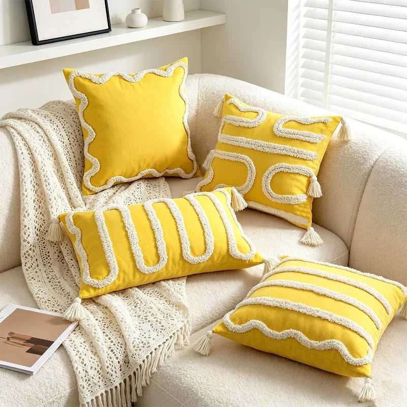 coussin decoratif geometrique jaune broderie blanche franges moderne maison voiture nordique polyeste carre