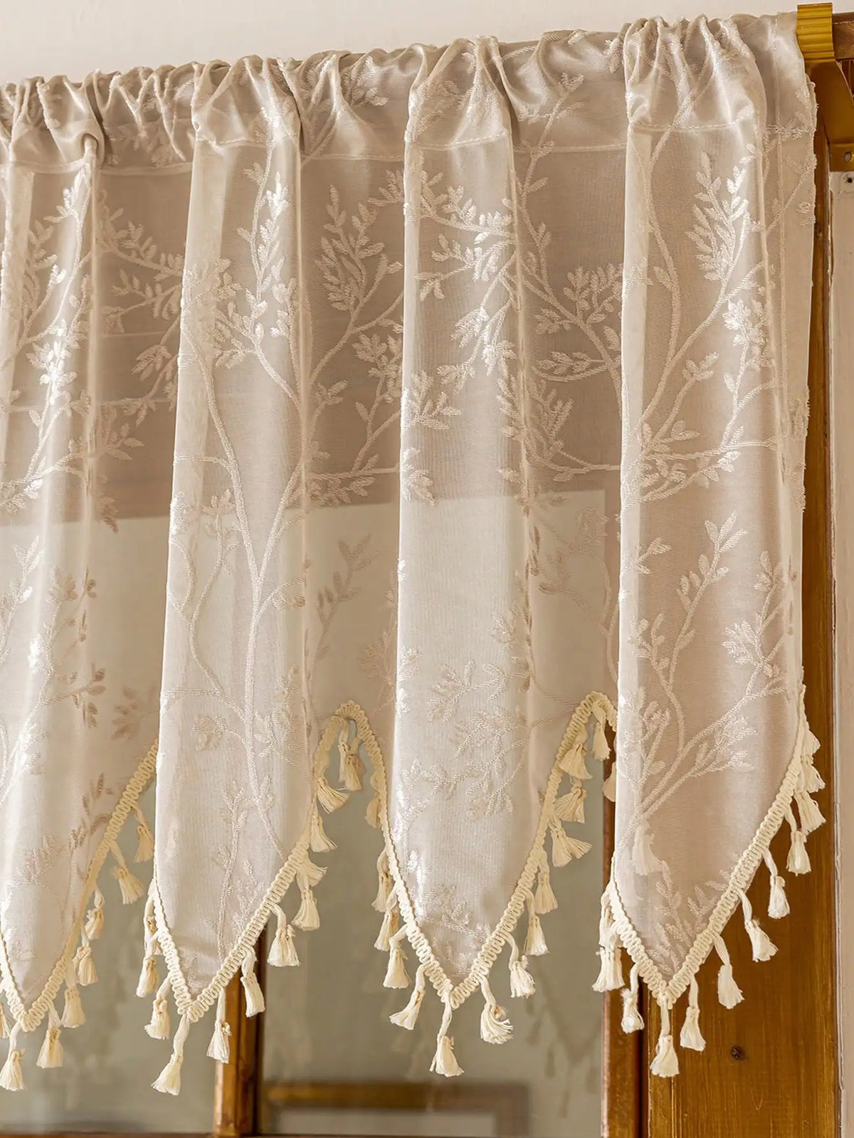 rideau semi transparent polyester imprimé floral tassel beige classiqueintérieur decoration