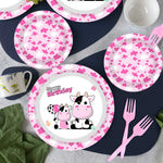 assiettes jetables vache rose anniversaire coeurs happy birthday serviettes fourchettes gobelets guirlande thème vache