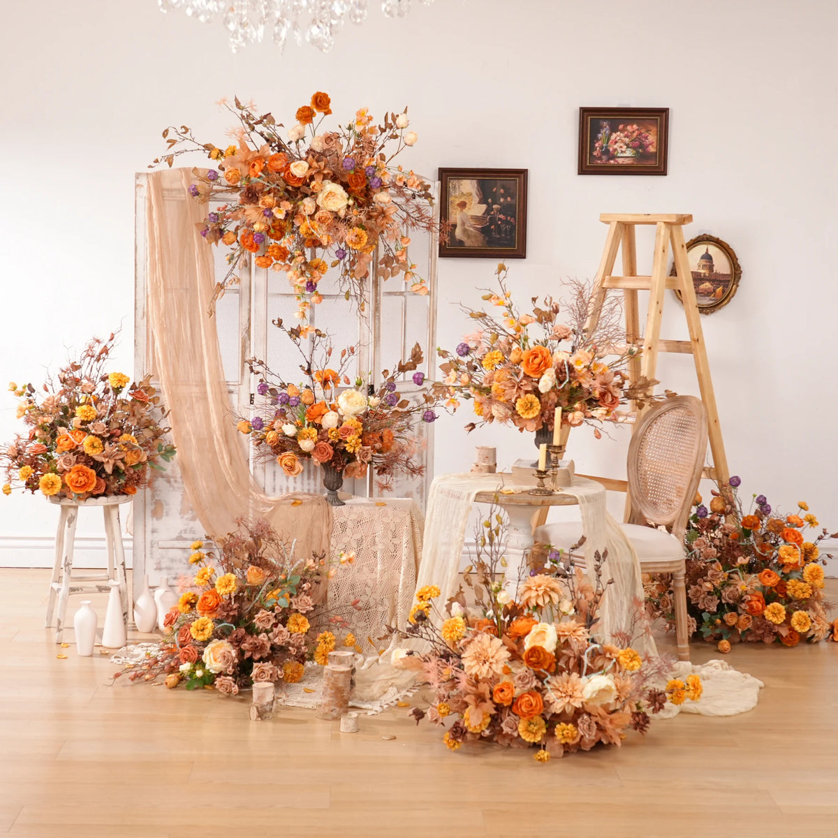 décoration boho chic bouquet fleurs artificielles mixtes orange rose marronextérieur anniversaire mariage