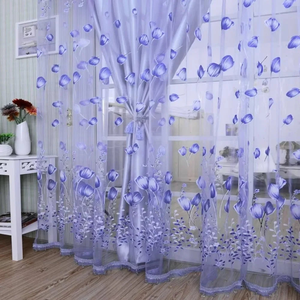 rideaux voilage floral violet rose bleu vert orange décoratif moderne polyester transparent chambre salonhôtel