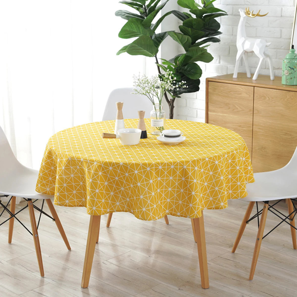 nappe ronde lin géométrique jaune blanc moderne table dîner mariage fête
