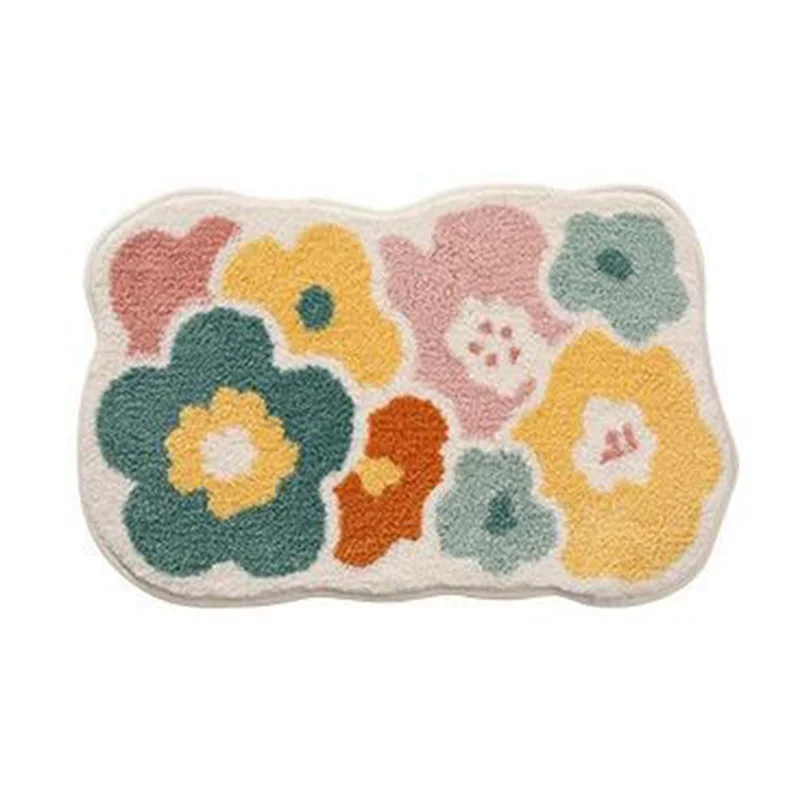 tapis bain fleurs colorées coton doux moderne blanc vert jaune orange rose bleu adhésif