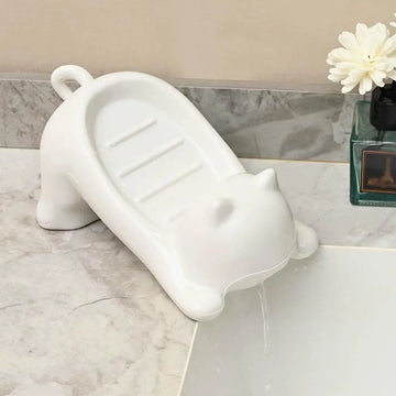 boîte savon forme chat blanc violet moderne animalier rangement salle bain élégant utilisation facile