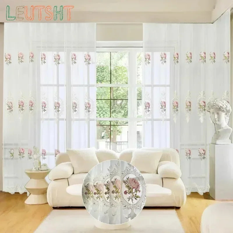 rideau tulle brodé fleurs blanc rose vert classique romantique transparentextérieur chambre salon machine lavable