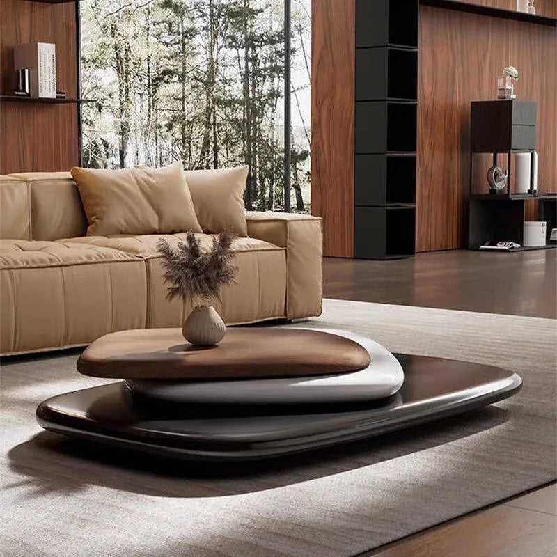 table basse moderne minimaliste bois métal noir beige clair fleurs sèches salon maison