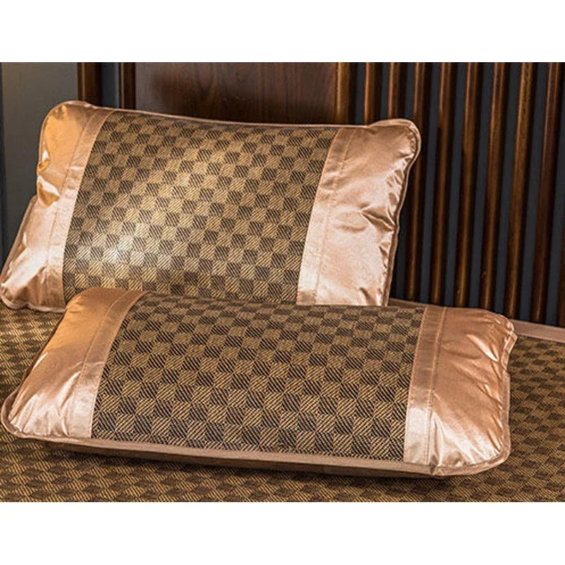 matelas sommeil rotin bambou beige marron carreaux géométriques coussins lit double