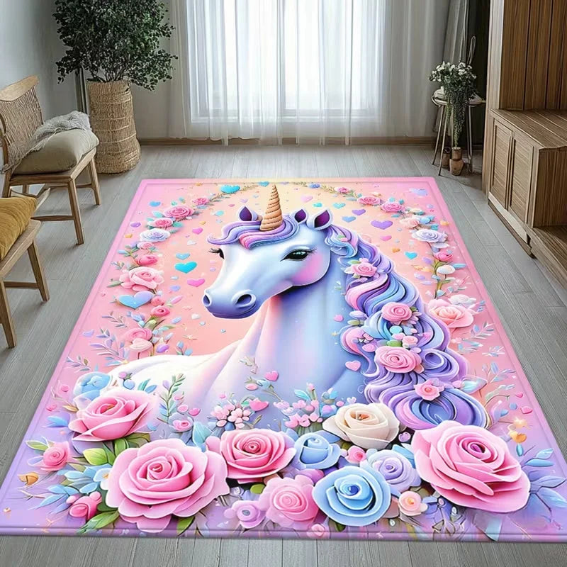tapis licorne scénique violet rose blanc coeurs étoiles moderne antidérapant sol chambre enfant fantaisie
