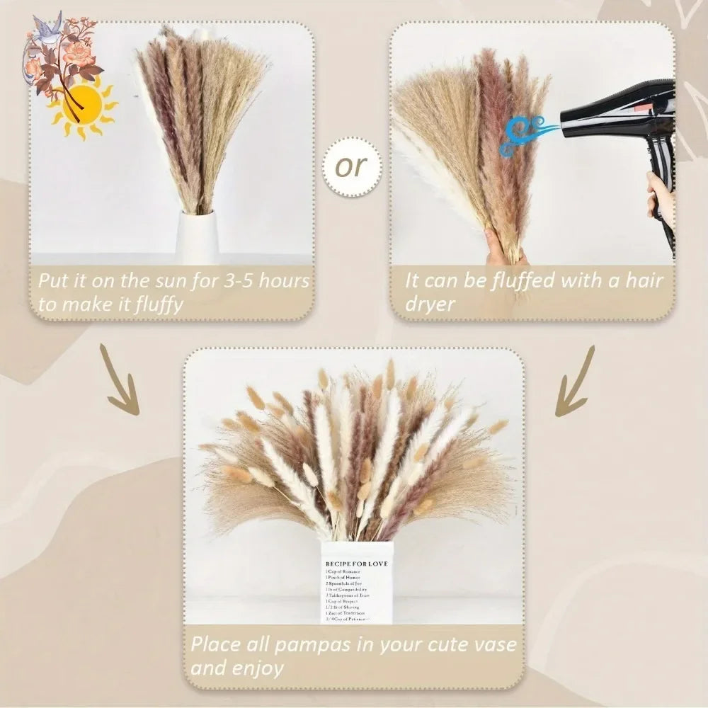 bouquet fleurs séchées pampas naturel beige marron blanc décoration maison anniversaire mariage rustic