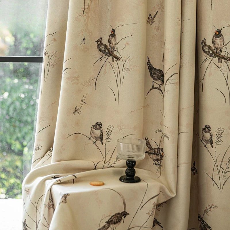 rideau occultant beige oiseaux noirs fleurs classique anneaux fenêtre salon chambre