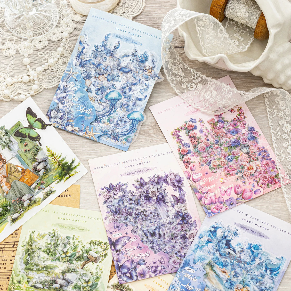 autocollants transparents floral papillons arbres foret champignons romantique naturel rose violet bleu blancscrição automatica