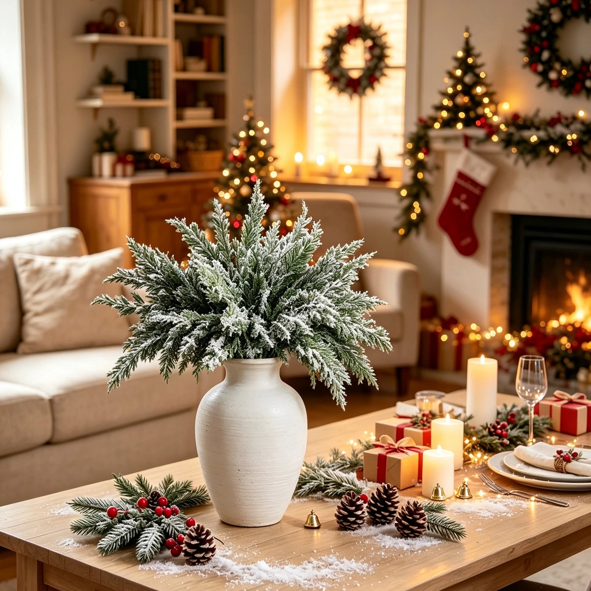 branche artificielle sapin vert baies rouges effet neige décoration noël intérieure festive naturelle