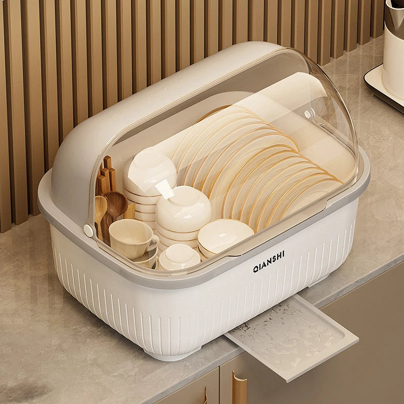 organisateur vaisselle blanc beige violet moderne drainage assiettes bols cuillères tasses rangement hermétique multifonctionnel