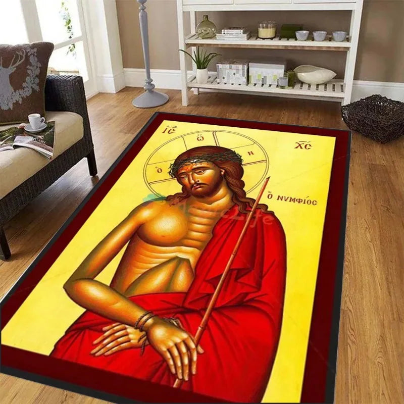 tapis religieux icône orthodoxe rouge bleu doré motif traditionnel salon chambre maison décoratif moderne