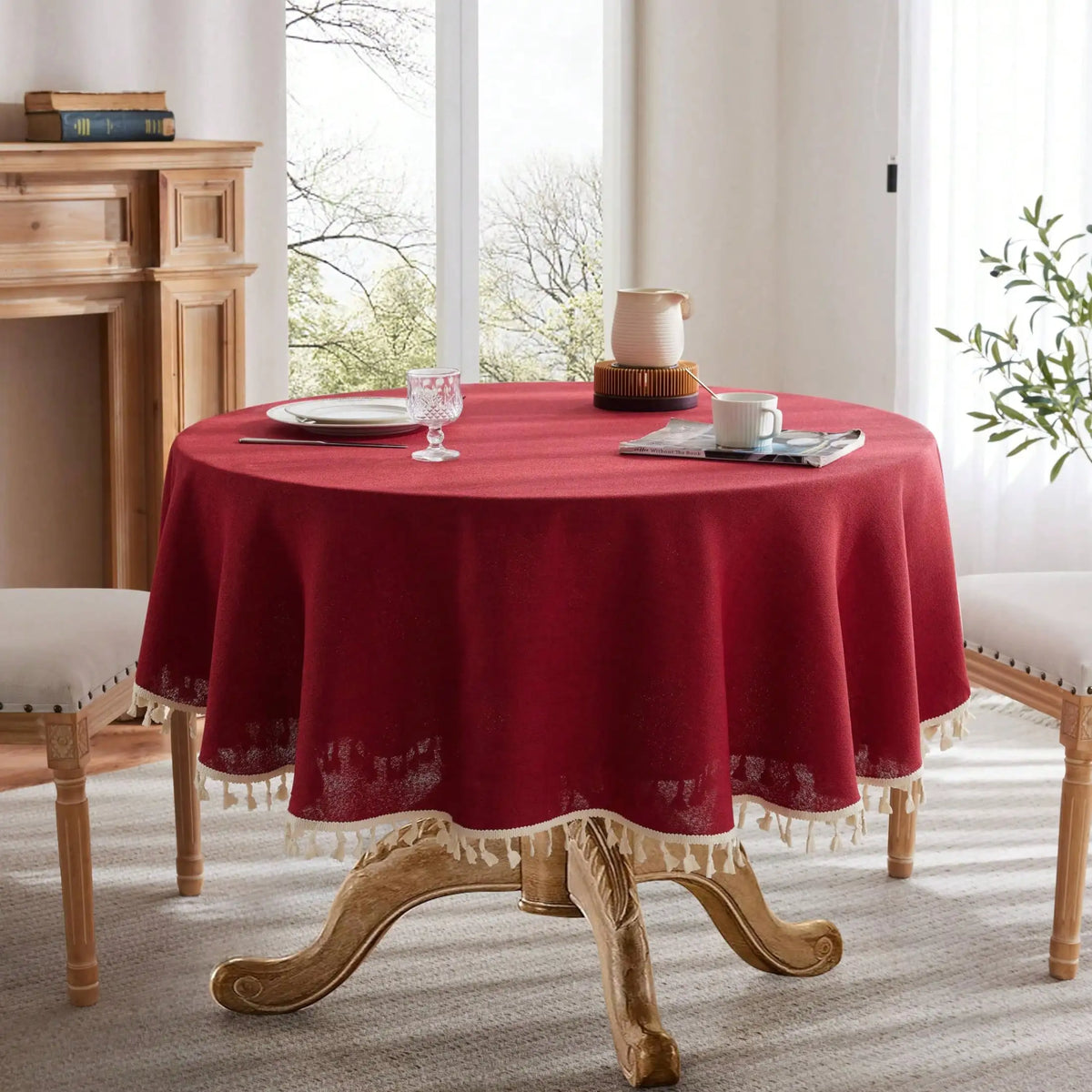 nappe ronde imperméable l'huile lin rouge beige franges rustique mariage table extérieure
