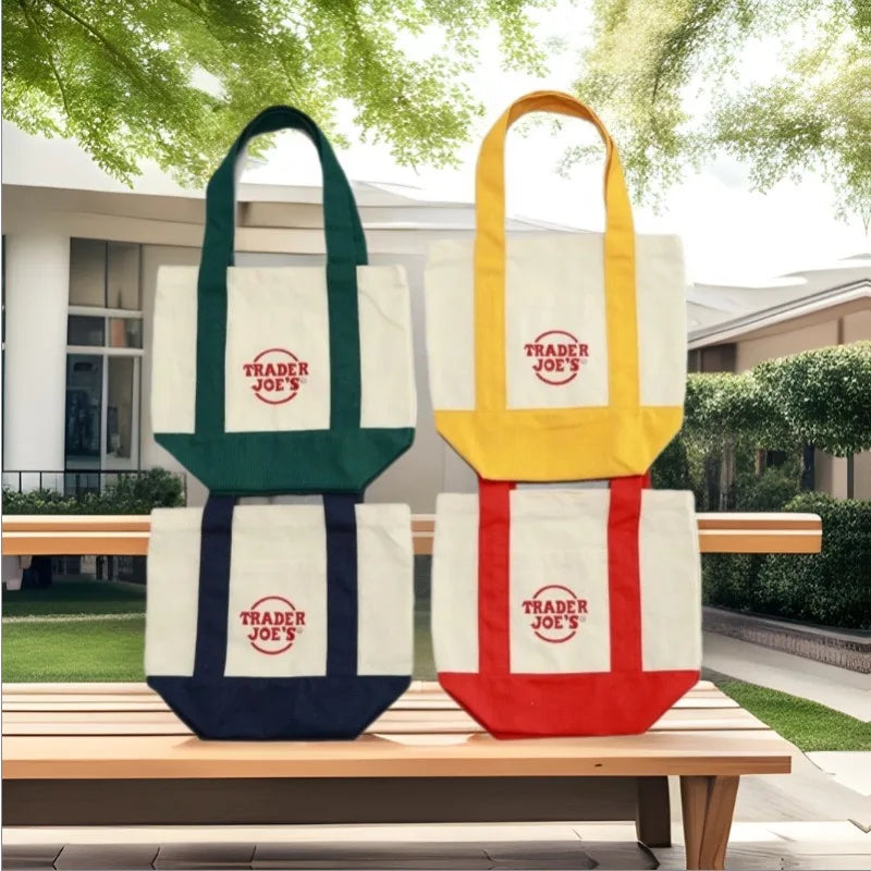 sacs provisions décontractés toile colorés poignées tissu casual trader joes logo imprimé blanc vert