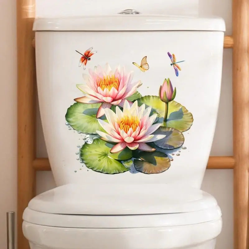 stickers decoratifs toilettes violet rose vert jaune fleurs lotus papillons peinture aquarelle salle bain