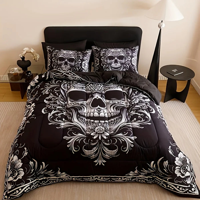 Housse de couette noire et blanche motif crâne victorien baroque gothique sur lit