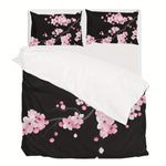 ensemble literie moderne housse couette noir rose clair taies d'oreiller fleurs cerisier satinées queen