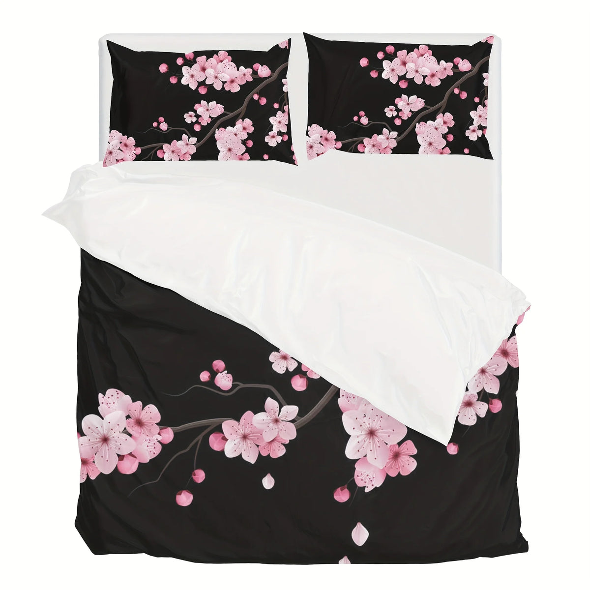 ensemble literie moderne housse couette noir rose clair taies d'oreiller fleurs cerisier satinées queen