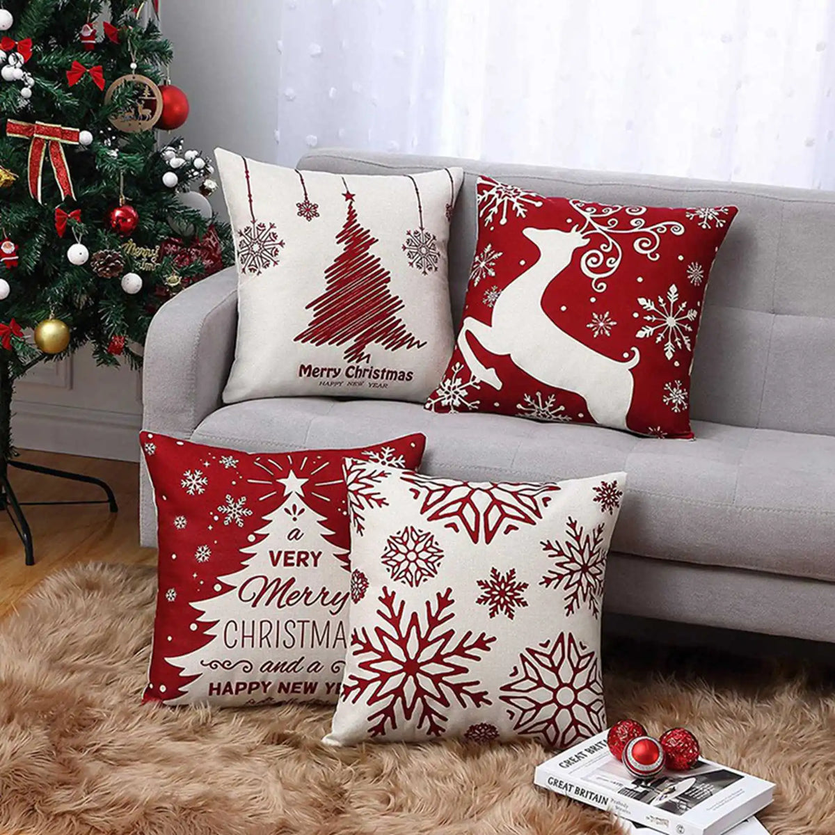 housses coussins noël motifs flocons neige arbre renne rouge blanc festif maison festive