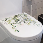 autocollant floral décoration salle bain toilettes feuilles fleurs branches aquarelle vert blanc jaune gris