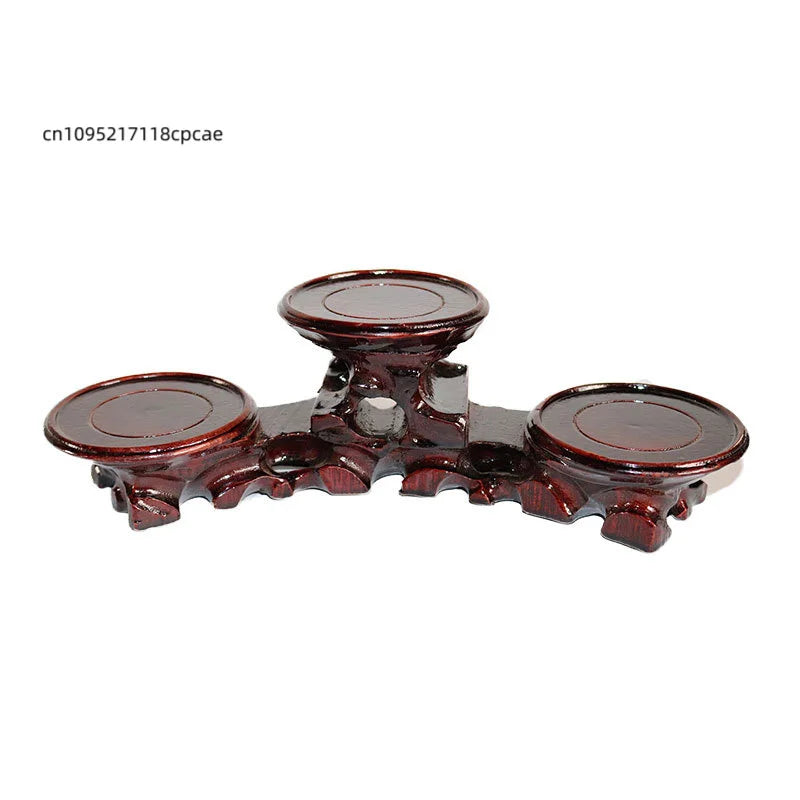 présentoir bois sculpté chinois plateformes circulaires vases céramique fleur séchée bouddha pierre