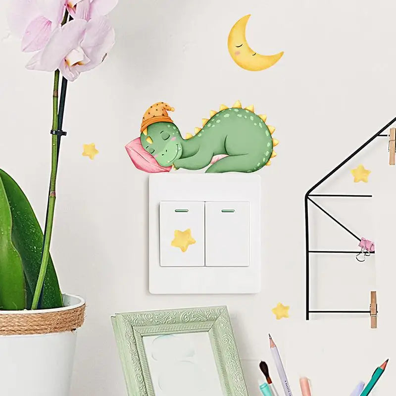 stickers mural lumineux dinosaures palmiers soleil lune étoiles floral cartoon adhésif chambre salon vert