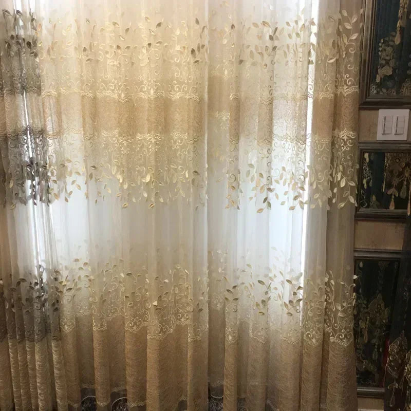 rideau tulle transparent broderie feuilles dorées beige classique salon chambre salon salle manger