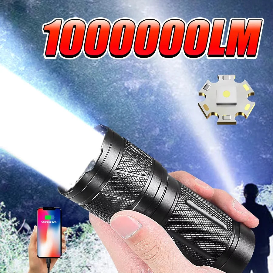 lampe torche noire led rechargeable zoom banque alimentation autodéfense indicateur charge résistante chocs camping